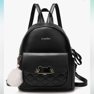 Zeneller Mini Backpack Cat Purse for Women with Pom Black Brand New